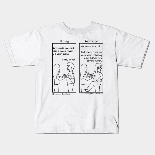 Dating vs Marriage Kids T-Shirt by crampedconditions